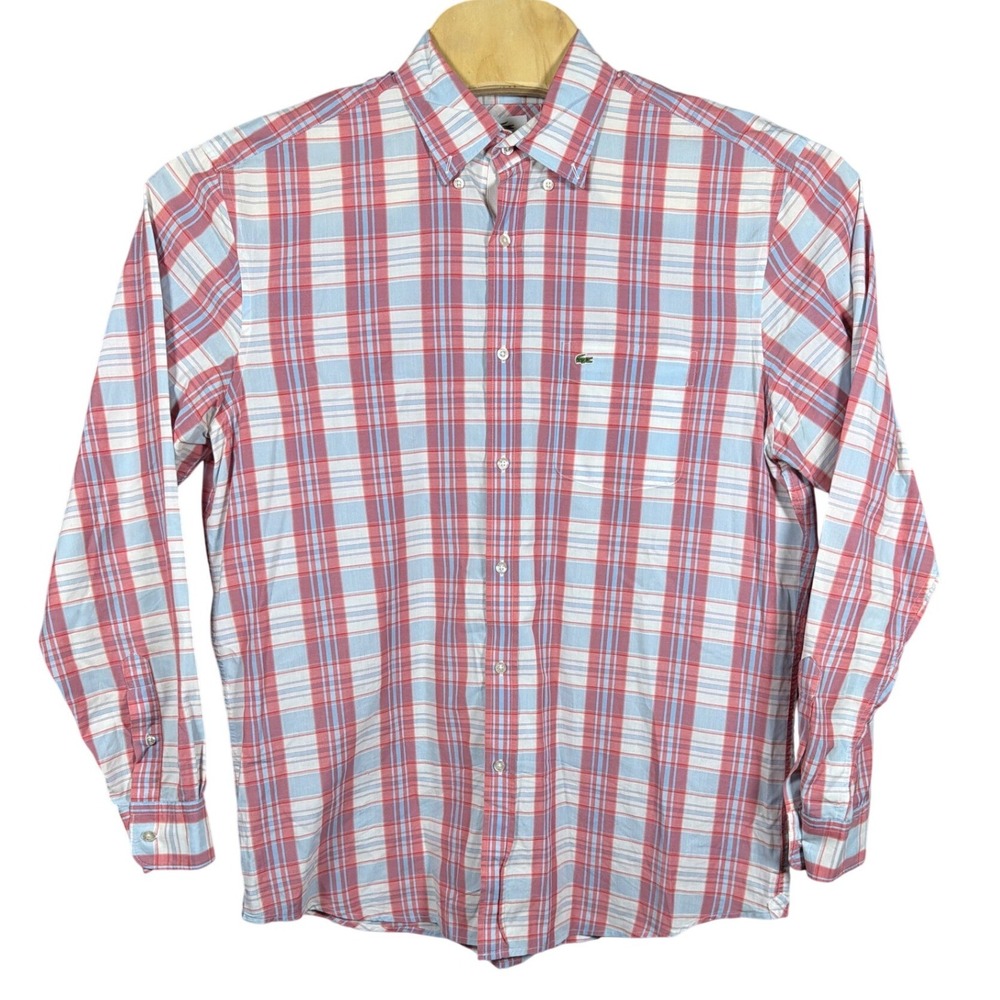 Lacoste Shirt Mens 42 Regular Fit Red White Blue Plaid Button-down Long Sleeve